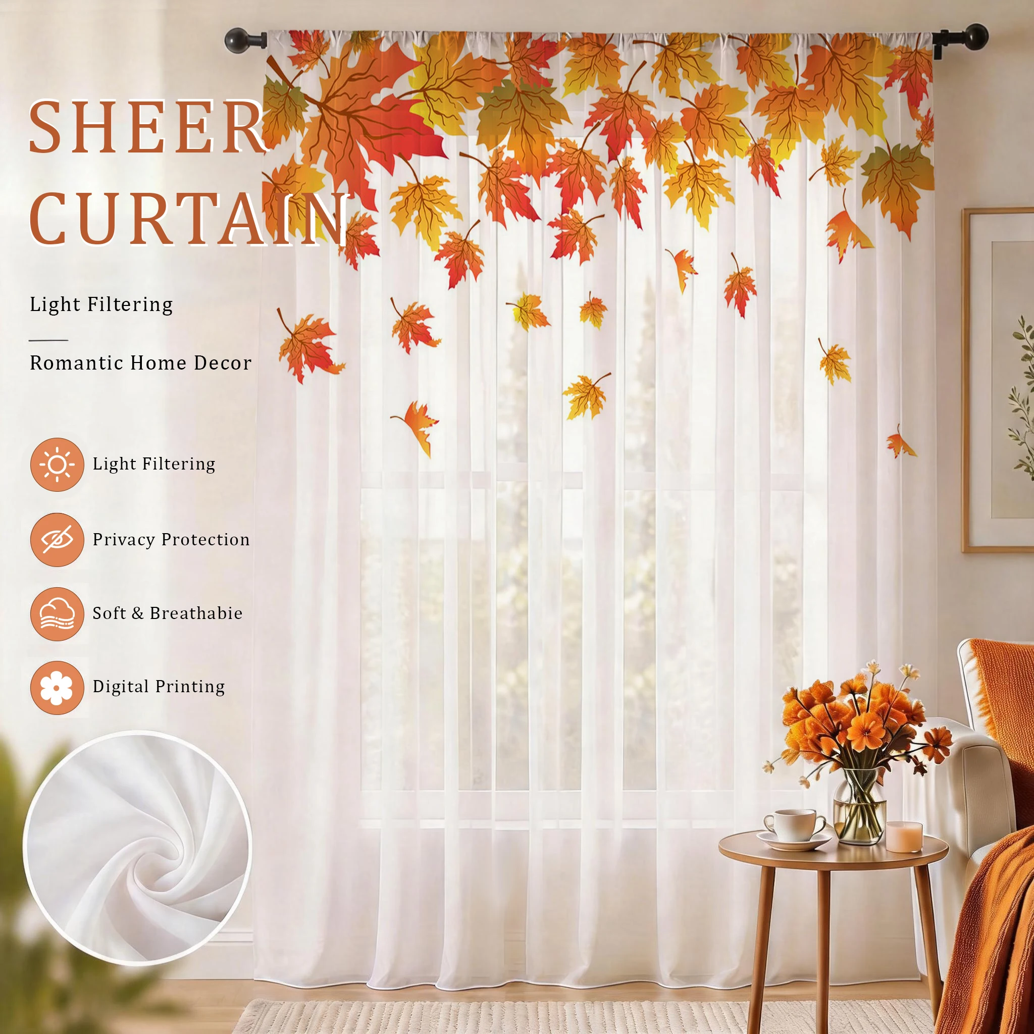 Curtain Sheer Voile - Voilage Moderne Dégradé Feuille d'Érable, Rideau