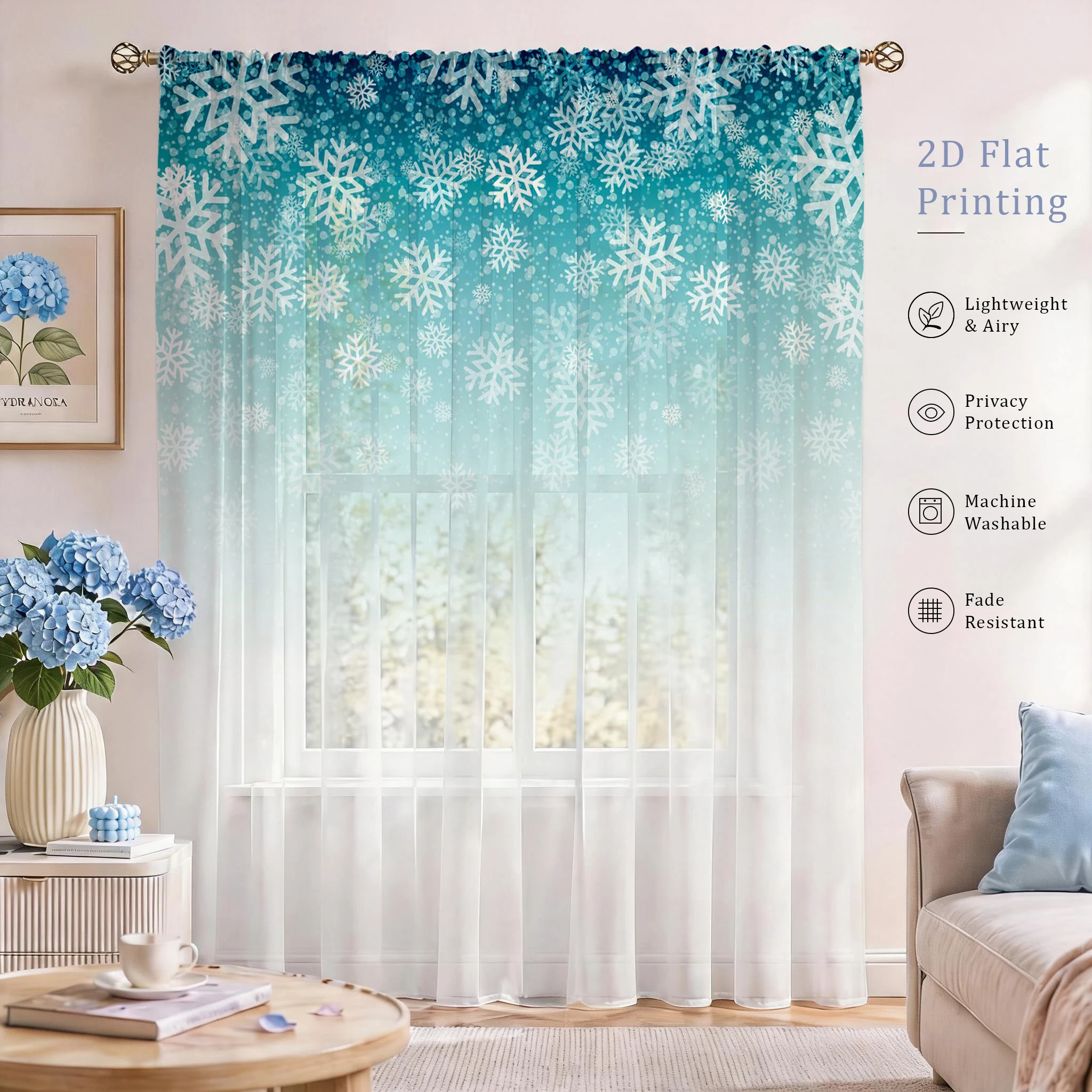Curtain Sheer Voile - Voilage dégradé floral, rideau transparent de