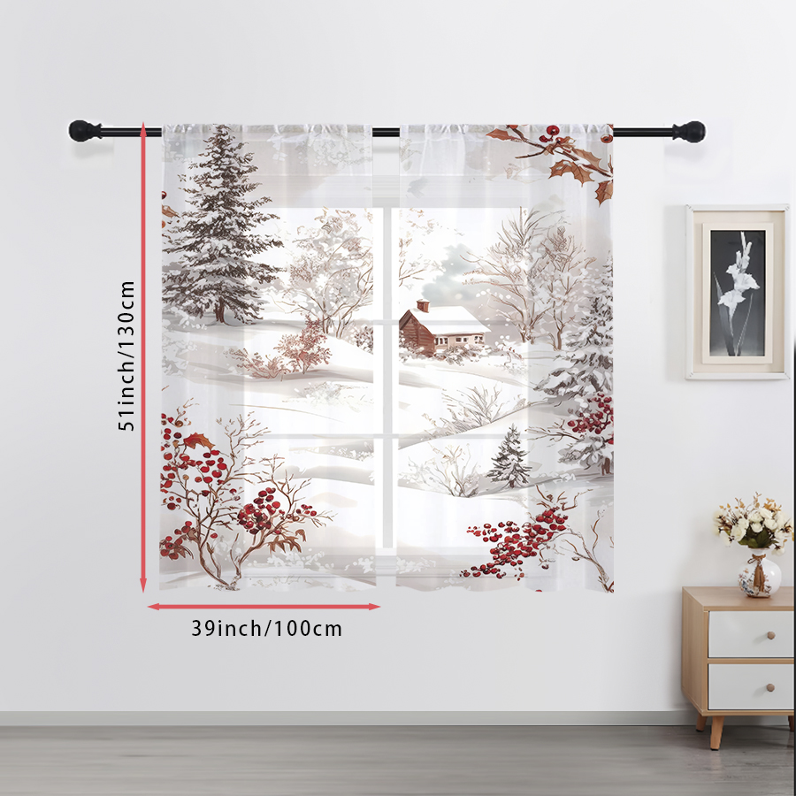 Curtain Sheer Voile - 2 rideaux transparents à imprimé hiver,