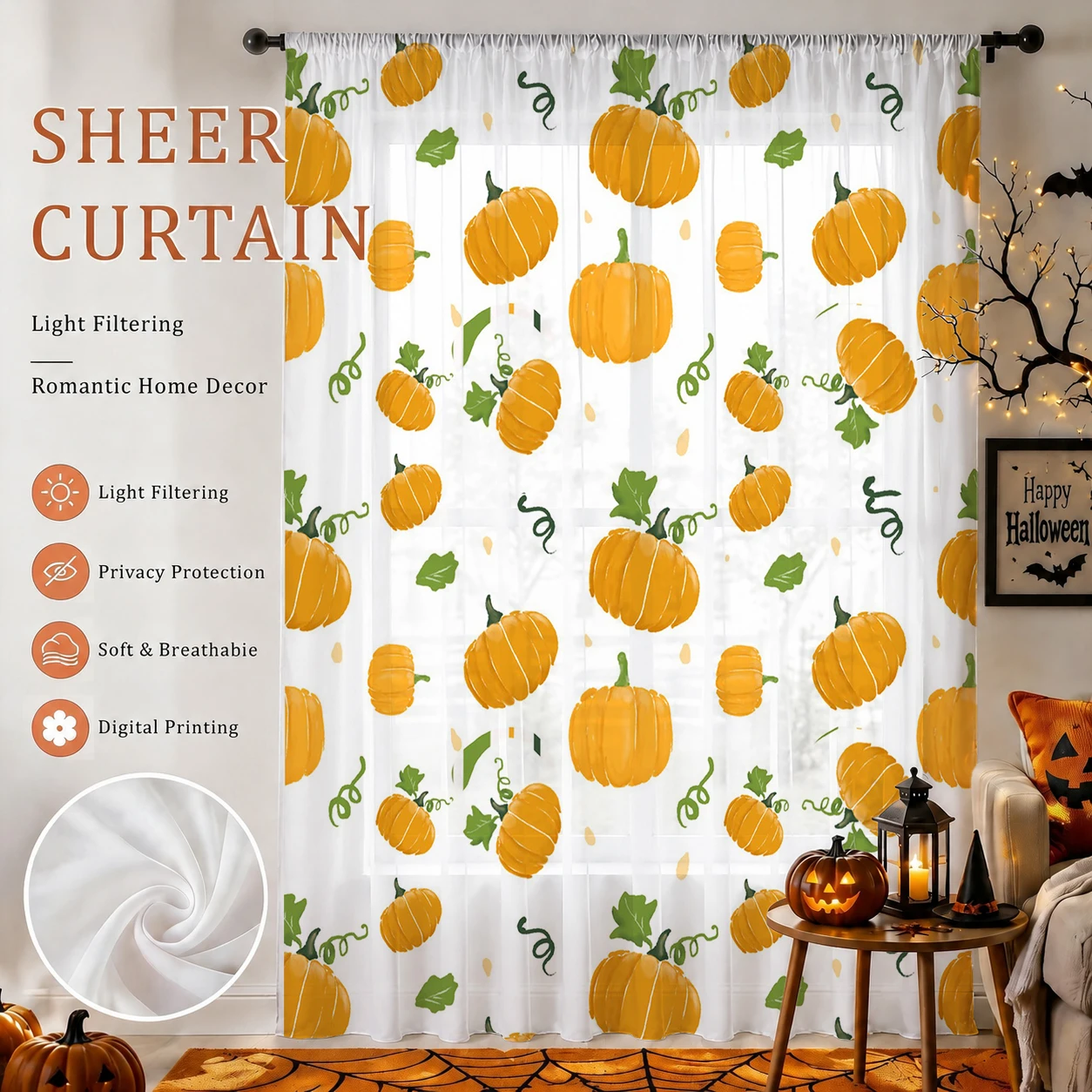 Curtain Sheer Voile - Rideau transparent d'Halloween avec passe-tringle, cadeau